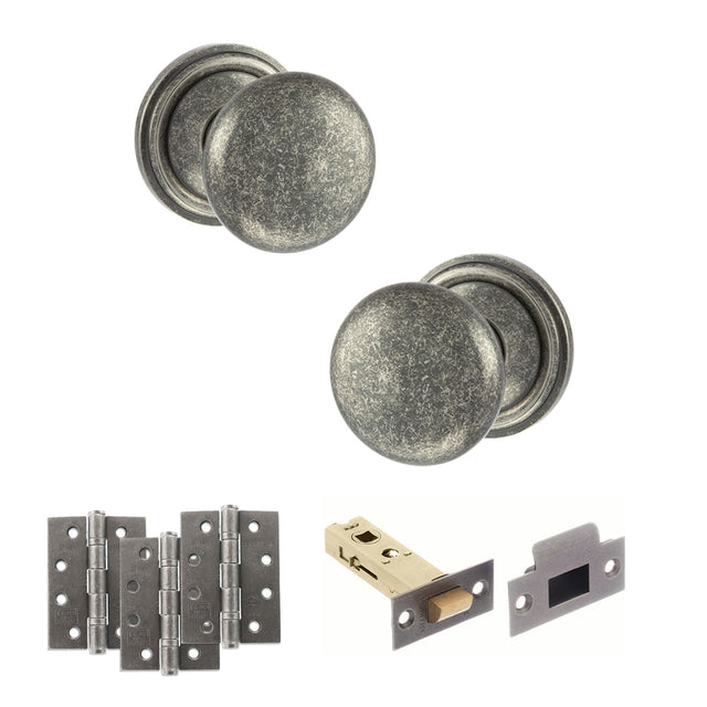 Quality image of Old English Harrogate Door Knob Pack (Latch Set - 3" HD Latch, 4" Fire Rated Hinges x3) - Distressed Silver | Sku. adpoe58mmkds56 | available from Trade Door Handles.