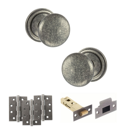 Quality image of Old English Harrogate Door Knob Pack (Latch Set - 4" HD Latch, 4" Fire Rated Hinges x3) - Distressed Silver | Sku. adpoe58mmkds57 | available from Trade Door Handles.