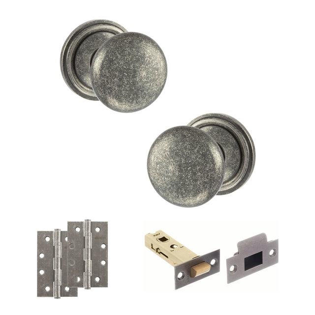 Quality image of Old English Harrogate Door Knob Pack (Latch Set - 4" HD Latch, 4" Slim Knuckle Hinges x2) - Distressed Silver | Sku. adpoe58mmkds59 | available from Trade Door Handles.