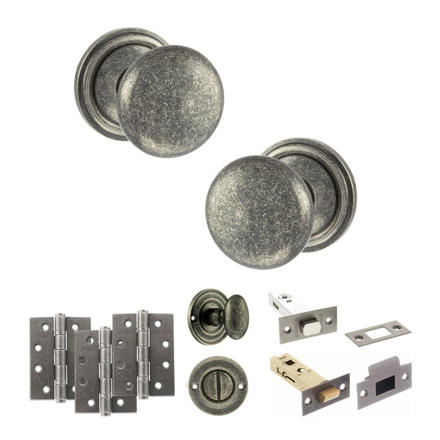 Quality image of Old English Harrogate Door Knob Pack (Bathroom Set - 3" Deadbolt, 4" Fire Rated Hinges x3) - Distressed Silver | Sku. adpoe58mmkds62 | available from Trade Door Handles.