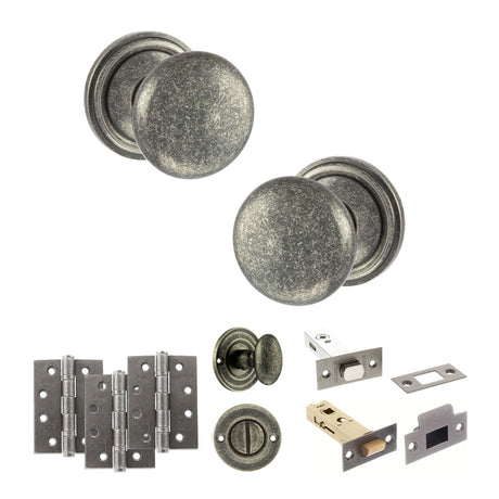 Quality image of Old English Harrogate Door Knob Pack (Bathroom Set - 4" Deadbolt, 4" Fire Rated Hinges x3) - Distressed Silver | Sku. adpoe58mmkds63 | available from Trade Door Handles.