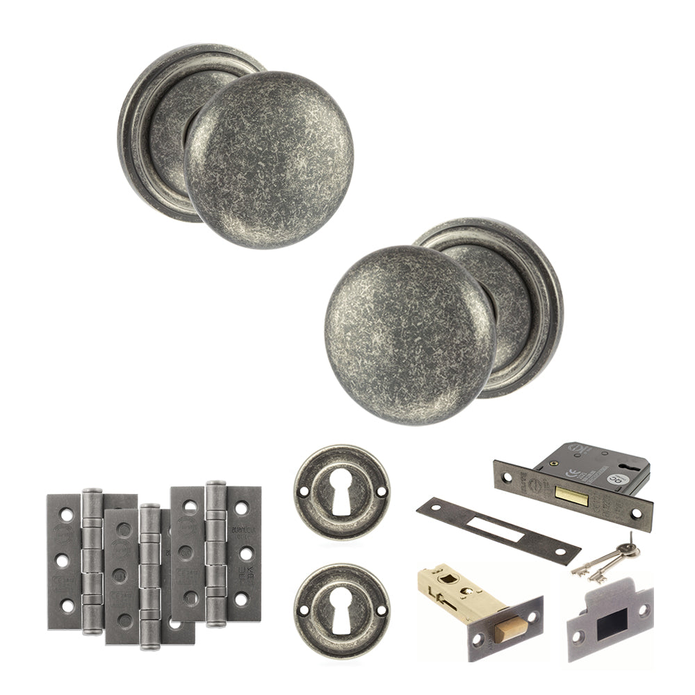 Quality image of Old English Harrogate Door Knob Pack (Lock Set - 3" Latch & Deadlock, 3" Fire Rated Hinges x3) - Distressed Silver | Sku. adpoe58mmkds66 | available from Trade Door Handles.