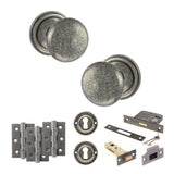 Quality image of Old English Harrogate Door Knob Pack (Lock Set - 3" Latch & Deadlock, 3" Fire Rated Hinges x3) - Distressed Silver | Sku. adpoe58mmkds66 | available from Trade Door Handles.