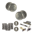 Quality image of Old English Harrogate Door Knob Pack (Lock Set - 3" Latch & Deadlock, 4" Fire Rated Hinges x3) - Distressed Silver | Sku. adpoe58mmkds67 | available from Trade Door Handles.