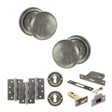 Quality image of Old English Harrogate Door Knob Pack (Lock Set - 3" Latch & Deadlock, 4" Fire Rated Hinges x3) - Distressed Silver | Sku. adpoe58mmkds67 | available from Trade Door Handles.