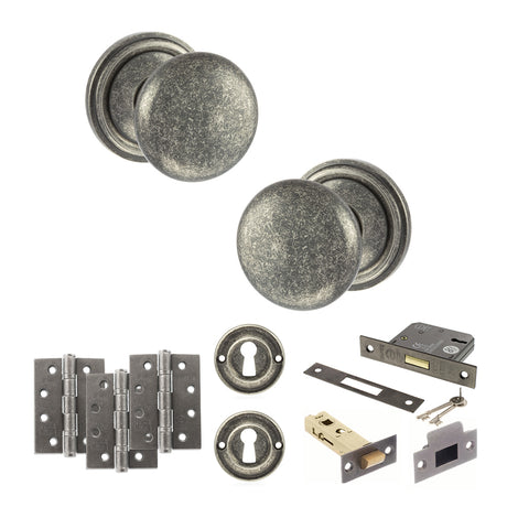 Quality image of Old English Harrogate Door Knob Pack (Lock Set - 3" Latch & Deadlock, 4" Fire Rated Hinges x3) - Distressed Silver | Sku. adpoe58mmkds67 | available from Trade Door Handles.