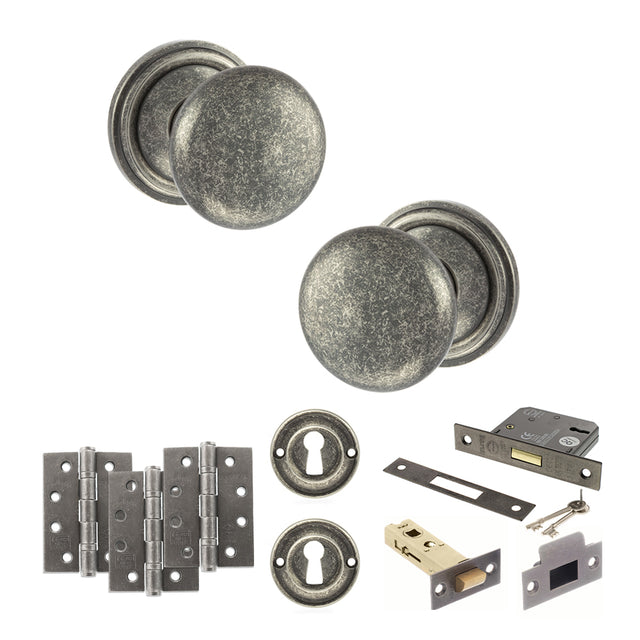 Quality image of Old English Harrogate Door Knob Pack (Lock Set - 3" Latch & Deadlock, 4" Fire Rated Hinges x3) - Distressed Silver | Sku. adpoe58mmkds67 | available from Trade Door Handles.