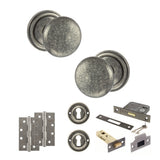Quality image of Old English Harrogate Door Knob Pack (Lock Set - 3" Latch & Deadlock, 4" Slim Knuckle Hinges x2) - Distressed Silver | Sku. adpoe58mmkds68 | available from Trade Door Handles.
