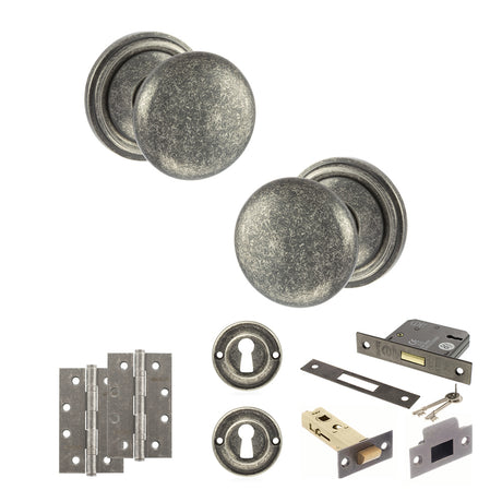 Quality image of Old English Harrogate Door Knob Pack (Lock Set - 3" Latch & Deadlock, 4" Slim Knuckle Hinges x2) - Distressed Silver | Sku. adpoe58mmkds68 | available from Trade Door Handles.