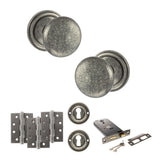 Quality image of Old English Harrogate Door Knob Pack (Lock Set - Horizontal Sashlock, 3" Fire Rated Hinges x3) - Distressed Silver | Sku. adpoe58mmkds69 | available from Trade Door Handles.
