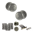 Quality image of Old English Harrogate Door Knob Pack (Lock Set - Horizontal Bathlock, 3" Fire Rated Hinges x3) - Distressed Silver | Sku. adpoe58mmkds70 | available from Trade Door Handles.