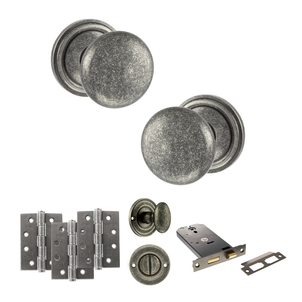 Quality image of Old English Harrogate Door Knob Pack (Lock Set - Horizontal Bathlock, 3" Fire Rated Hinges x3) - Distressed Silver | Sku. adpoe58mmkds70 | available from Trade Door Handles.