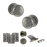 Quality image of Old English Harrogate Door Knob Pack (Lock Set - Horizontal Bathlock, 3" Fire Rated Hinges x3) - Distressed Silver | Sku. adpoe58mmkds70 | available from Trade Door Handles.