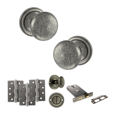 Quality image of Old English Harrogate Door Knob Pack (Lock Set - Horizontal Bathlock, 3" Fire Rated Hinges x3) - Distressed Silver | Sku. adpoe58mmkds70 | available from Trade Door Handles.