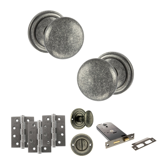 Quality image of Old English Harrogate Door Knob Pack (Lock Set - Horizontal Bathlock, 3" Fire Rated Hinges x3) - Distressed Silver | Sku. adpoe58mmkds70 | available from Trade Door Handles.