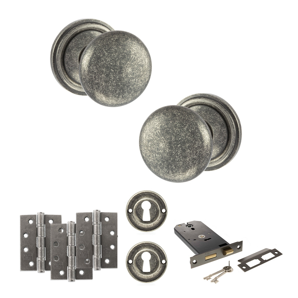 Quality image of Old English Harrogate Door Knob Pack (Lock Set - Horizontal Sashlock, 4" Fire Rated Hinges x3) - Distressed Silver | Sku. adpoe58mmkds71 | available from Trade Door Handles.