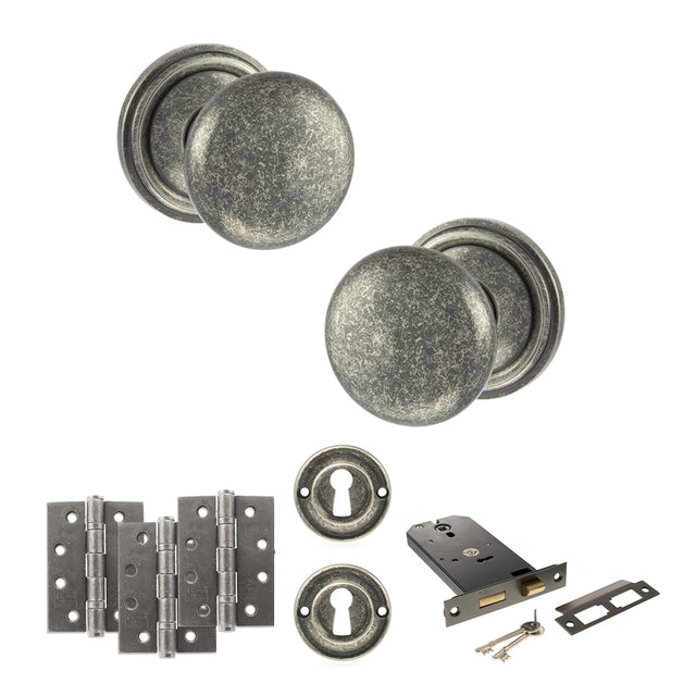 Quality image of Old English Harrogate Door Knob Pack (Lock Set - Horizontal Sashlock, 4" Fire Rated Hinges x3) - Distressed Silver | Sku. adpoe58mmkds71 | available from Trade Door Handles.