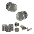 Quality image of Old English Harrogate Door Knob Pack (Lock Set - Horizontal Bathlock, 4" Fire Rated Hinges x3) - Distressed Silver | Sku. adpoe58mmkds72 | available from Trade Door Handles.