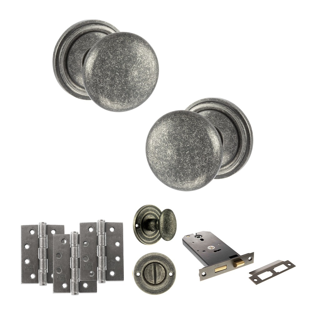 Quality image of Old English Harrogate Door Knob Pack (Lock Set - Horizontal Bathlock, 4" Fire Rated Hinges x3) - Distressed Silver | Sku. adpoe58mmkds72 | available from Trade Door Handles.