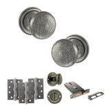 Quality image of Old English Harrogate Door Knob Pack (Lock Set - Horizontal Bathlock, 4" Fire Rated Hinges x3) - Distressed Silver | Sku. adpoe58mmkds72 | available from Trade Door Handles.