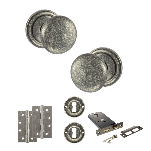 Quality image of Old English Harrogate Door Knob Pack (Lock Set - Horizontal Sashlock, 4" Slim Knuckle Hinges x2) - Distressed Silver | Sku. adpoe58mmkds73 | available from Trade Door Handles.