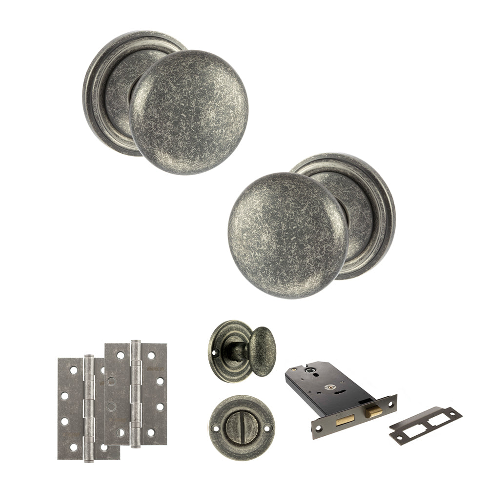 Quality image of Old English Harrogate Door Knob Pack (Lock Set - Horizontal Bathlock, 4" Slim Knuckle Hinges x2) - Distressed Silver | Sku. adpoe58mmkds74 | available from Trade Door Handles.