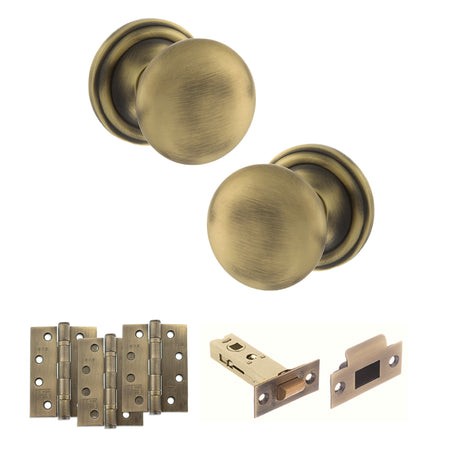 Quality image of Old English Harrogate Door Knob Pack (Latch Set - 4" HD Latch, 4" Fire Rated Hinges x3) - Matt Antique Brass | Sku. adpoe58mmkmab57 | available from Trade Door Handles.