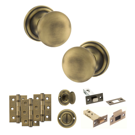 Quality image of Old English Harrogate Door Knob Pack (Bathroom Set - 4" Deadbolt, 3" Fire Rated Hinges x3) - Matt Antique Brass | Sku. adpoe58mmkmab61 | available from Trade Door Handles.
