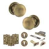 Quality image of Old English Harrogate Door Knob Pack (Lock Set - 3" Latch & Deadlock, 3" Fire Rated Hinges x3) - Matt Antique Brass | Sku. adpoe58mmkmab66 | available from Trade Door Handles.