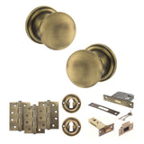 Quality image of Old English Harrogate Door Knob Pack (Lock Set - 3" Latch & Deadlock, 4" Fire Rated Hinges x3) - Matt Antique Brass | Sku. adpoe58mmkmab67 | available from Trade Door Handles.
