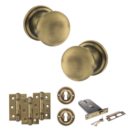 Quality image of Old English Harrogate Door Knob Pack (Lock Set - Horizontal Sashlock, 3" Fire Rated Hinges x3) - Matt Antique Brass | Sku. adpoe58mmkmab69 | available from Trade Door Handles.