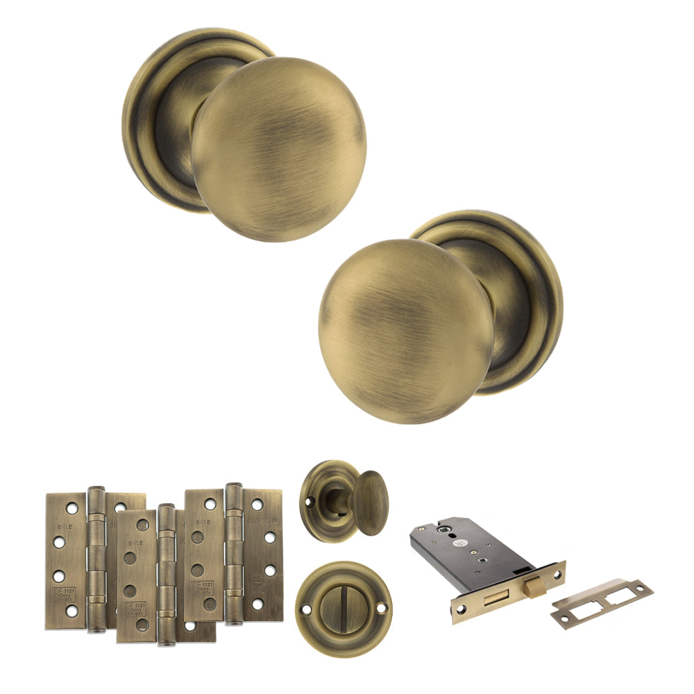 Quality image of Old English Harrogate Door Knob Pack (Lock Set - Horizontal Bathlock, 4" Fire Rated Hinges x3) - Matt Antique Brass | Sku. adpoe58mmkmab72 | available from Trade Door Handles.