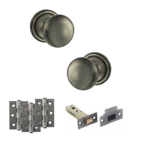 Quality image of Old English Harrogate Door Knob Pack (Latch Set - 3" HD Latch, 3" Fire Rated Hinges x3) - Matt Gun Metal | Sku. adpoe58mmkmbn54 | available from Trade Door Handles.