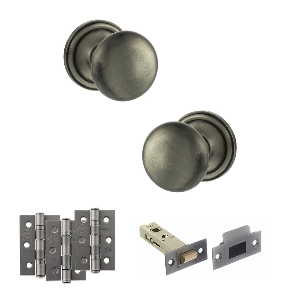 Quality image of Old English Harrogate Door Knob Pack (Latch Set - 4" HD Latch, 3" Fire Rated Hinges x3) - Matt Gun Metal | Sku. adpoe58mmkmbn55 | available from Trade Door Handles.
