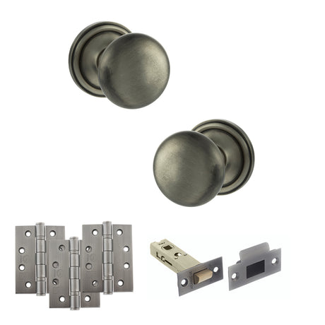 Quality image of Old English Harrogate Door Knob Pack (Latch Set - 3" HD Latch, 4" Fire Rated Hinges x3) - Matt Gun Metal | Sku. adpoe58mmkmbn56 | available from Trade Door Handles.