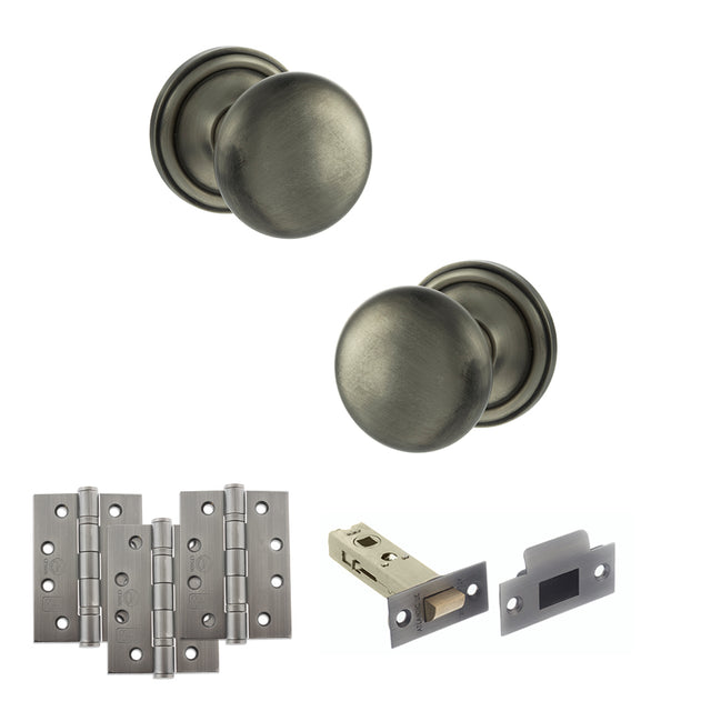 Quality image of Old English Harrogate Door Knob Pack (Latch Set - 4" HD Latch, 4" Fire Rated Hinges x3) - Matt Gun Metal | Sku. adpoe58mmkmbn57 | available from Trade Door Handles.
