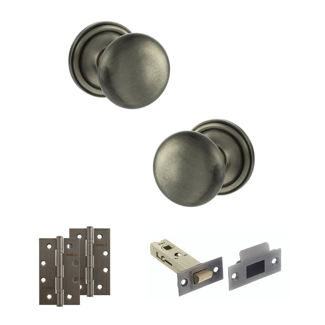 Quality image of Old English Harrogate Door Knob Pack (Latch Set - 3" HD Latch, 4" Slim Knuckle Hinges x2) - Matt Gun Metal | Sku. adpoe58mmkmbn58 | available from Trade Door Handles.
