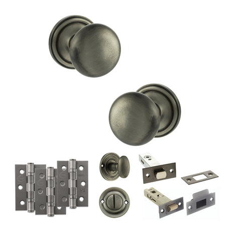Quality image of Old English Harrogate Door Knob Pack (Bathroom Set - 3" Deadbolt, 3" Fire Rated Hinges x3) - Matt Gun Metal | Sku. adpoe58mmkmbn60 | available from Trade Door Handles.