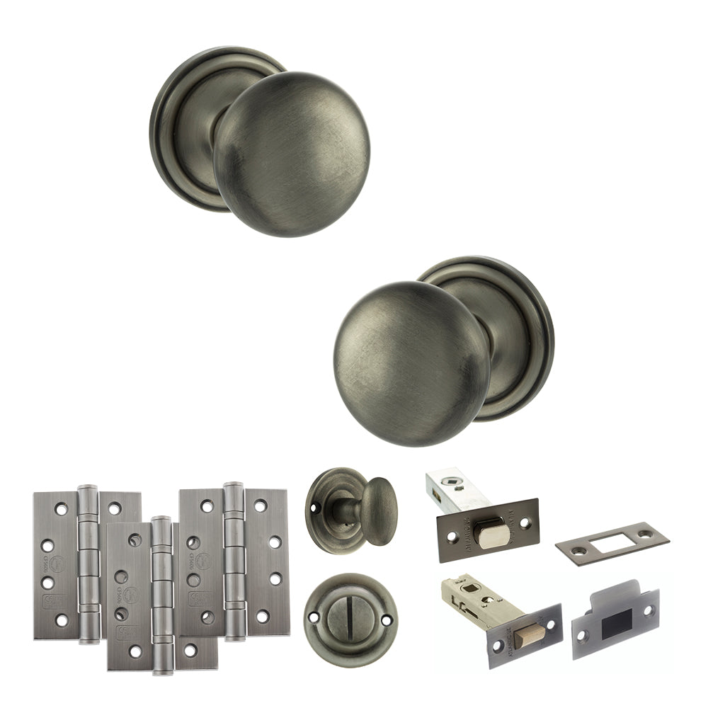 Quality image of Old English Harrogate Door Knob Pack (Bathroom Set - 3" Deadbolt, 4" Fire Rated Hinges x3) - Matt Gun Metal | Sku. adpoe58mmkmbn62 | available from Trade Door Handles.