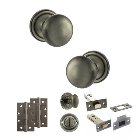 Quality image of Old English Harrogate Door Knob Pack (Bathroom Set - 4" Deadbolt, 4" Slim Knuckle Hinges x2) - Matt Gun Metal | Sku. adpoe58mmkmbn65 | available from Trade Door Handles.
