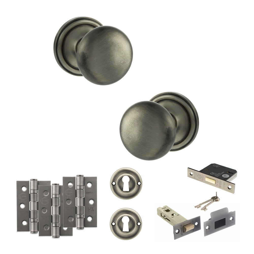 Quality image of Old English Harrogate Door Knob Pack (Lock Set - 3" Latch & Deadlock, 3" Fire Rated Hinges x3) - Matt Gun Metal | Sku. adpoe58mmkmbn66 | available from Trade Door Handles.