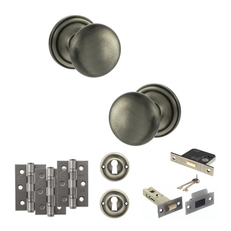 Quality image of Old English Harrogate Door Knob Pack (Lock Set - 3" Latch & Deadlock, 3" Fire Rated Hinges x3) - Matt Gun Metal | Sku. adpoe58mmkmbn66 | available from Trade Door Handles.