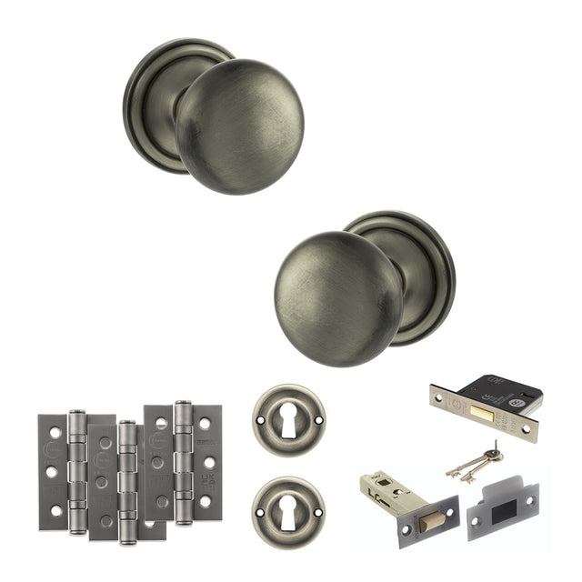 Quality image of Old English Harrogate Door Knob Pack (Lock Set - 3" Latch & Deadlock, 3" Fire Rated Hinges x3) - Matt Gun Metal | Sku. adpoe58mmkmbn66 | available from Trade Door Handles.