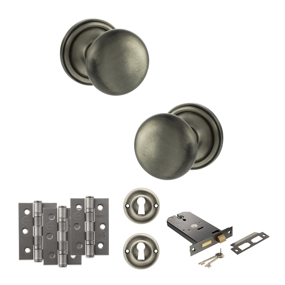 Quality image of Old English Harrogate Door Knob Pack (Lock Set - Horizontal Sashlock, 3" Fire Rated Hinges x3) - Matt Gun Metal | Sku. adpoe58mmkmbn69 | available from Trade Door Handles.