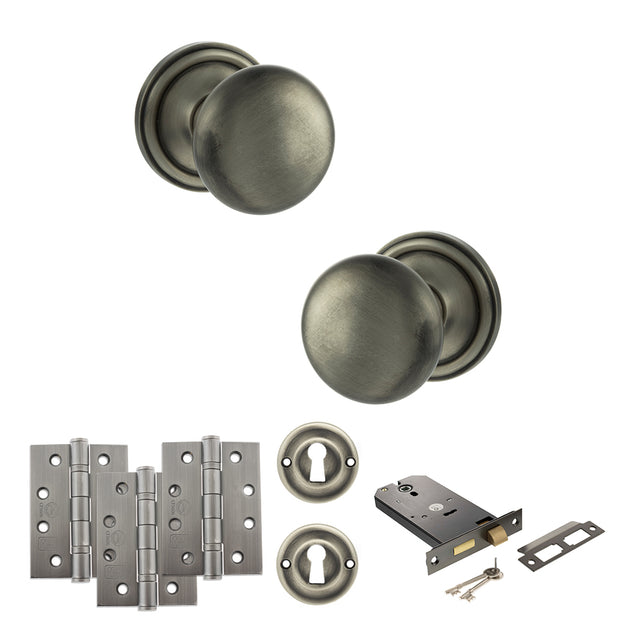 Quality image of Old English Harrogate Door Knob Pack (Lock Set - Horizontal Sashlock, 4" Fire Rated Hinges x3) - Matt Gun Metal | Sku. adpoe58mmkmbn71 | available from Trade Door Handles.
