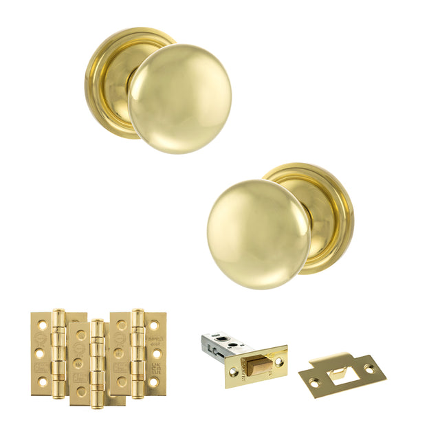 Quality image of Old English Harrogate Door Knob Pack (Latch Set - 3" HD Latch, 3" Fire Rated Hinges x3) - Polished Brass | Sku. adpoe58mmkpb54 | available from Trade Door Handles.
