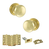 Quality image of Old English Harrogate Door Knob Pack (Latch Set - 4" HD Latch, 4" Fire Rated Hinges x3) - Polished Brass | Sku. adpoe58mmkpb57 | available from Trade Door Handles.
