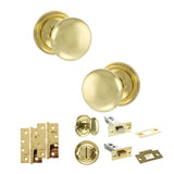 Quality image of Old English Harrogate Door Knob Pack (Bathroom Set - 4" Deadbolt, 4" Slim Knuckle Hinges x2) - Polished Brass | Sku. adpoe58mmkpb65 | available from Trade Door Handles.