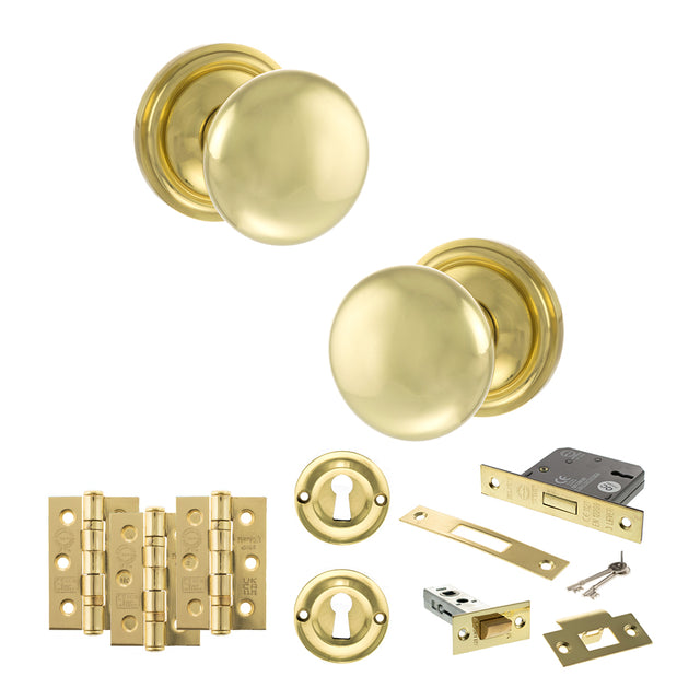 Quality image of Old English Harrogate Door Knob Pack (Lock Set - 3" Latch & Deadlock, 3" Fire Rated Hinges x3) - Polished Brass | Sku. adpoe58mmkpb66 | available from Trade Door Handles.