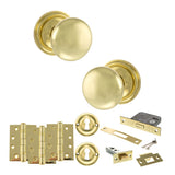 Quality image of Old English Harrogate Door Knob Pack (Lock Set - 3" Latch & Deadlock, 4" Fire Rated Hinges x3) - Polished Brass | Sku. adpoe58mmkpb67 | available from Trade Door Handles.